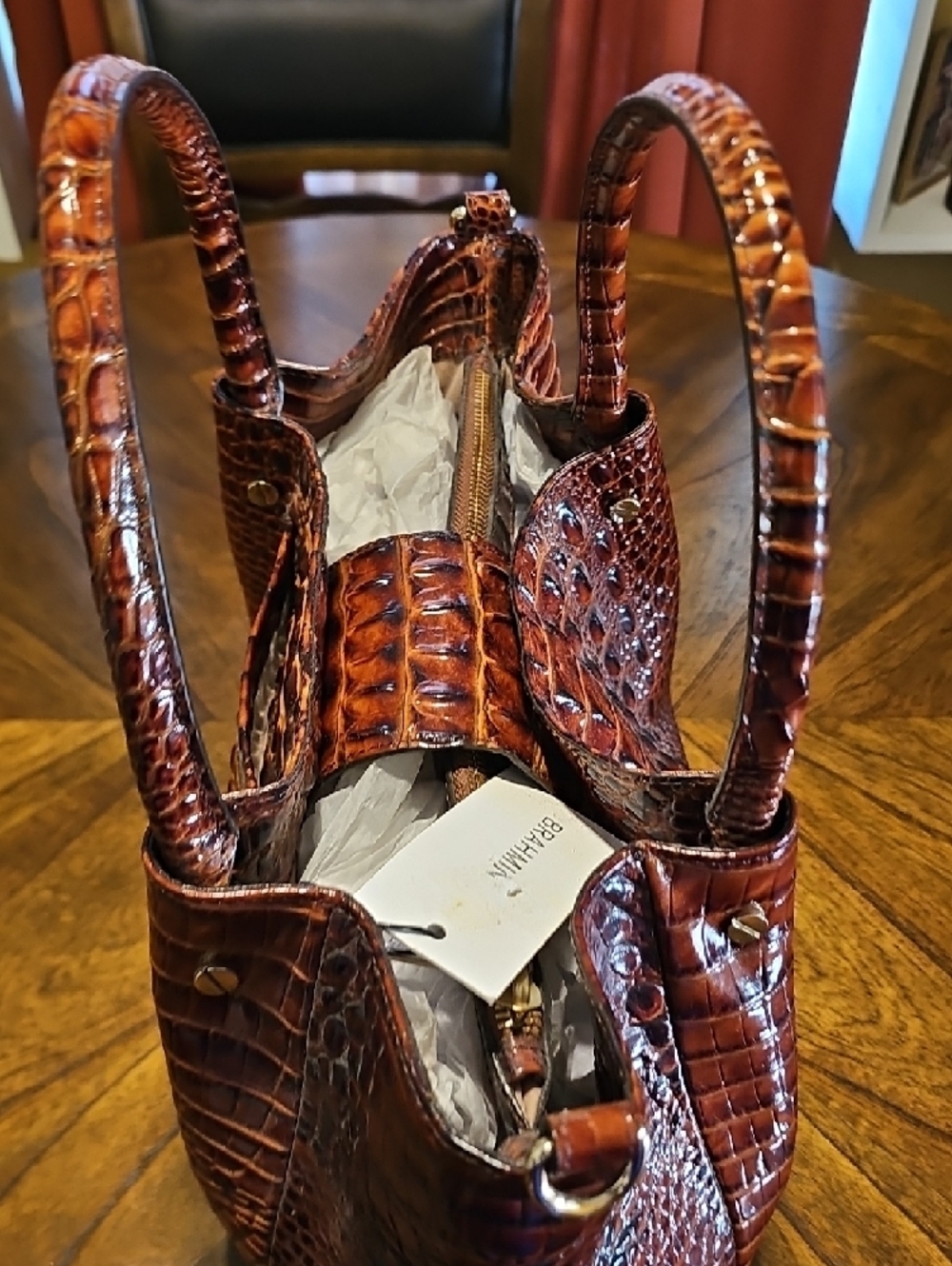 Brahmin Cognac Croc-Embossed Leather Handbag With Shoulder Strap - Picture 6 of 9